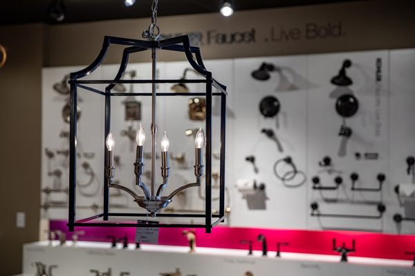 Closeup of chandelier light in the Modern Supply Kitchen & Bath Showroom